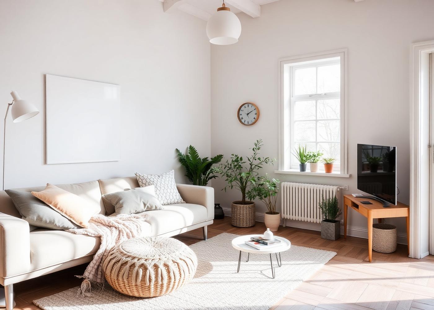 Lichte woonkamer met wit infraroodpaneel aan de muur